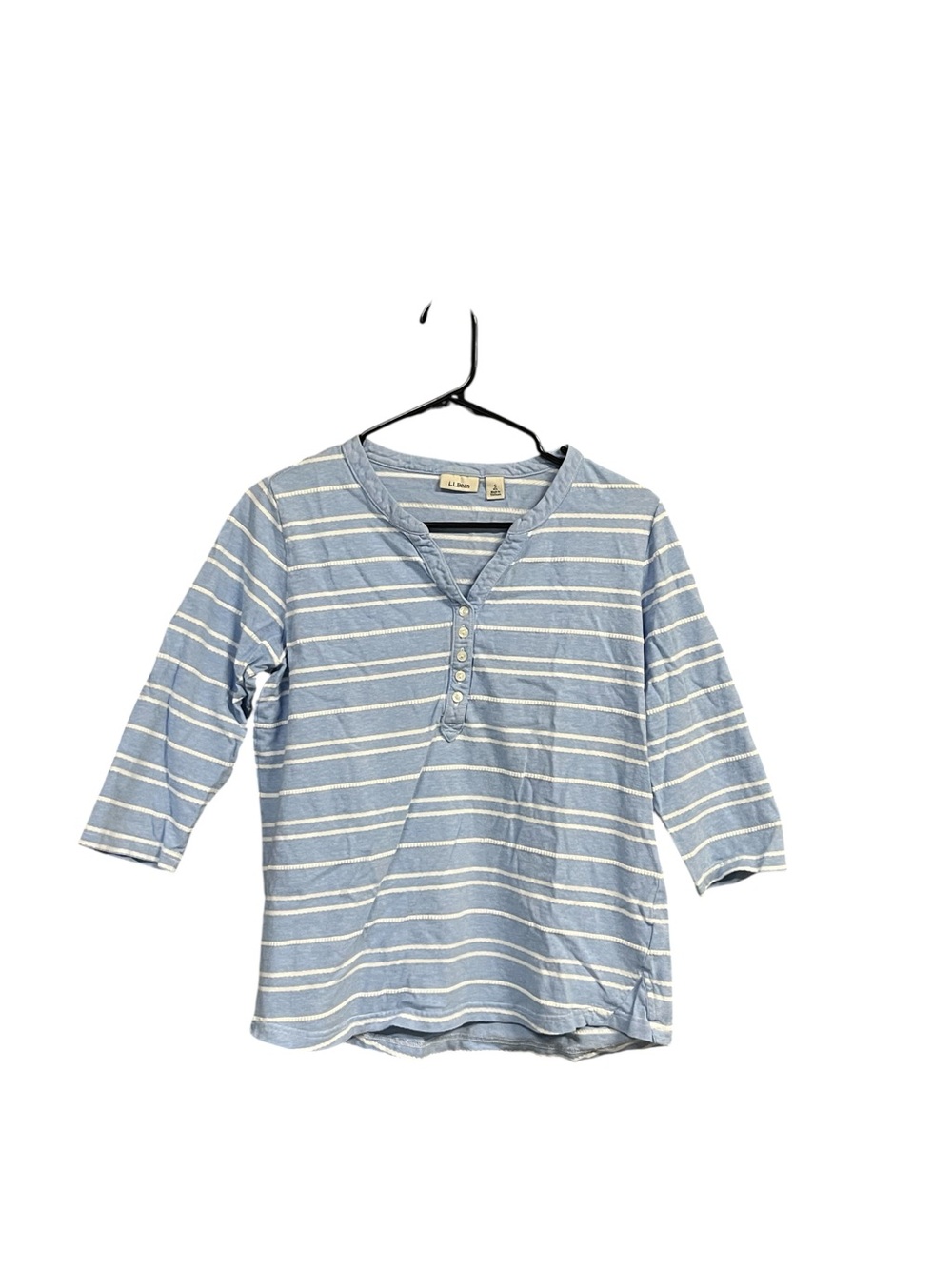 L.L.Bean Women’s Striped Henley Top Small Blue White 3/4 Sleeve 100% Cotton